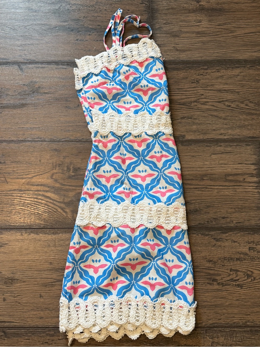 Baby doll Blue and Pink Lace-Trimmed Printed Sundress - Picture 4 of 4